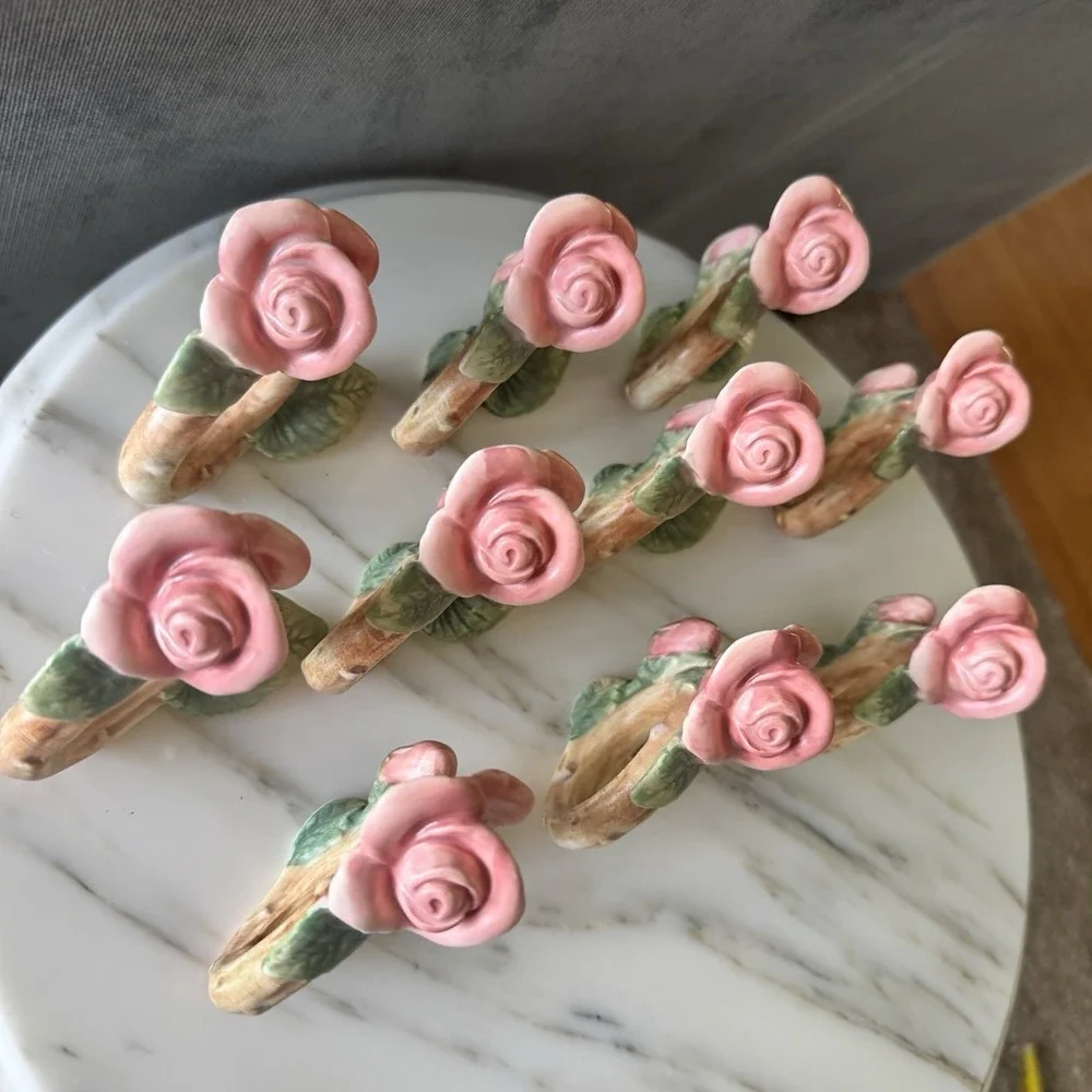 Vintage Fitz & Floyd Blushing Rose Napkin Rings Set Of 10